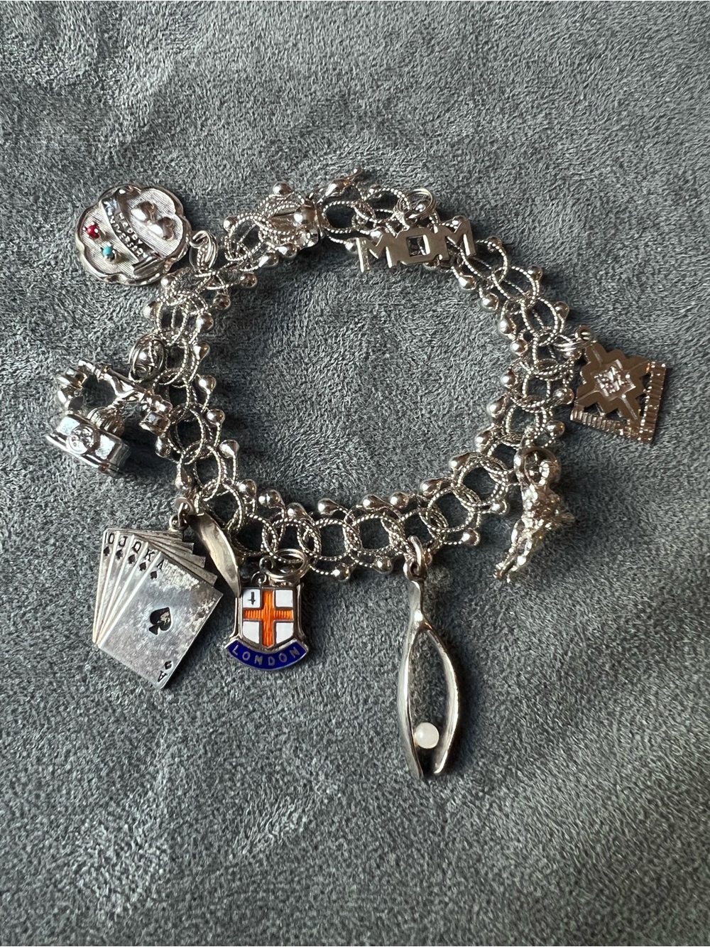 925 Sterling Silver Vintage Charm Bracelet with Winnipeg and Playing Card Charms